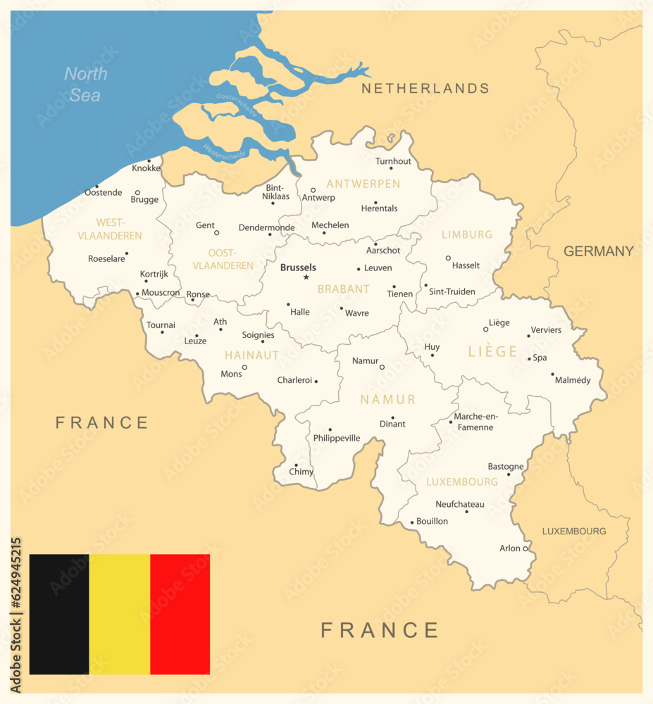 Belgium - detailed map with administrative divisions and country flag. Vector illustration