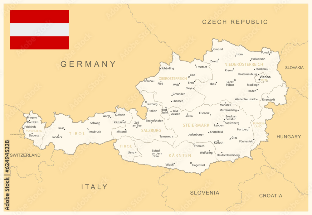 Austria - detailed map with administrative divisions and country flag. Vector illustration
