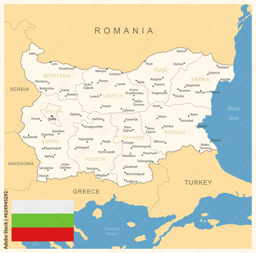 Bulgaria - detailed map with administrative divisions and country flag. Vector illustration