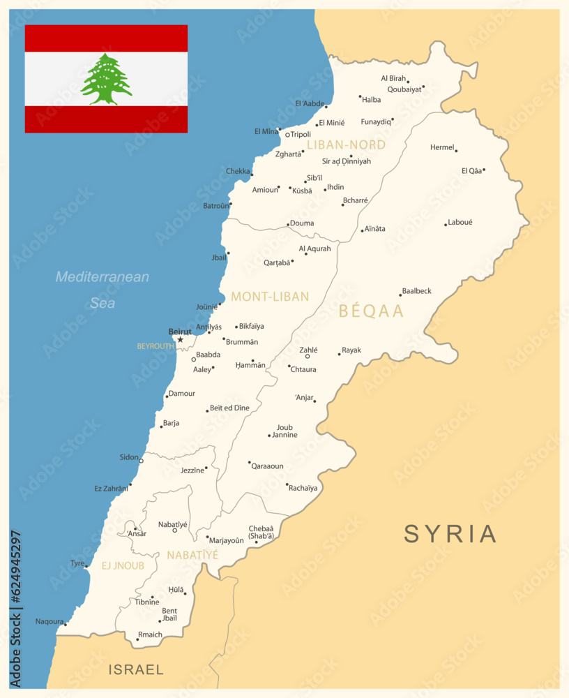 Fototapeta Lebanon - detailed map with administrative divisions and country flag. Vector illustration