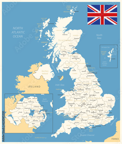 United Kingdom - detailed map with administrative divisions and country flag. Vector illustration