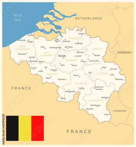 Belgium - detailed map with administrative divisions and country flag. Vector illustration