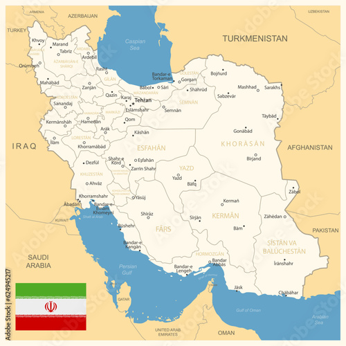 Fototapeta Naklejka Na Ścianę i Meble -  Iran - detailed map with administrative divisions and country flag. Vector illustration