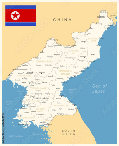 North Korea - detailed map with administrative divisions and country flag. Vector illustration