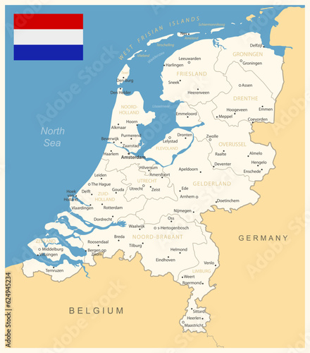 Netherlands - detailed map with administrative divisions and country flag. Vector illustration