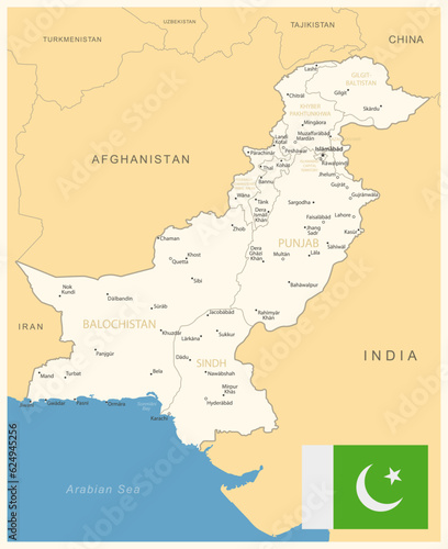 Pakistan - detailed map with administrative divisions and country flag. Vector illustration