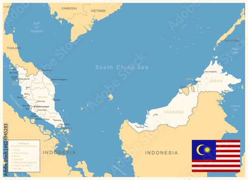 Malaysia - detailed map with administrative divisions and country flag. Vector illustration
