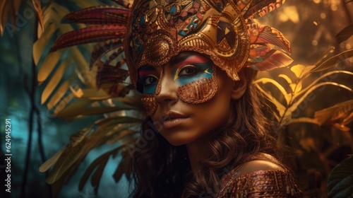 Beautiful woman with ethnic mask. Created with Generative AI. © lchumpitaz
