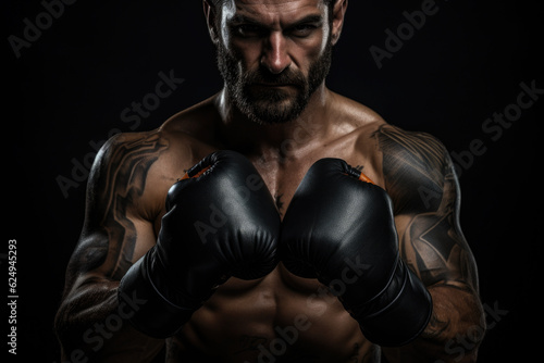 man wearing boxing gloves. His serious gaze and trained muscles indicate his preparation and strength. The white background further emphasizes his physical qualities and readiness for battle. © vefimov