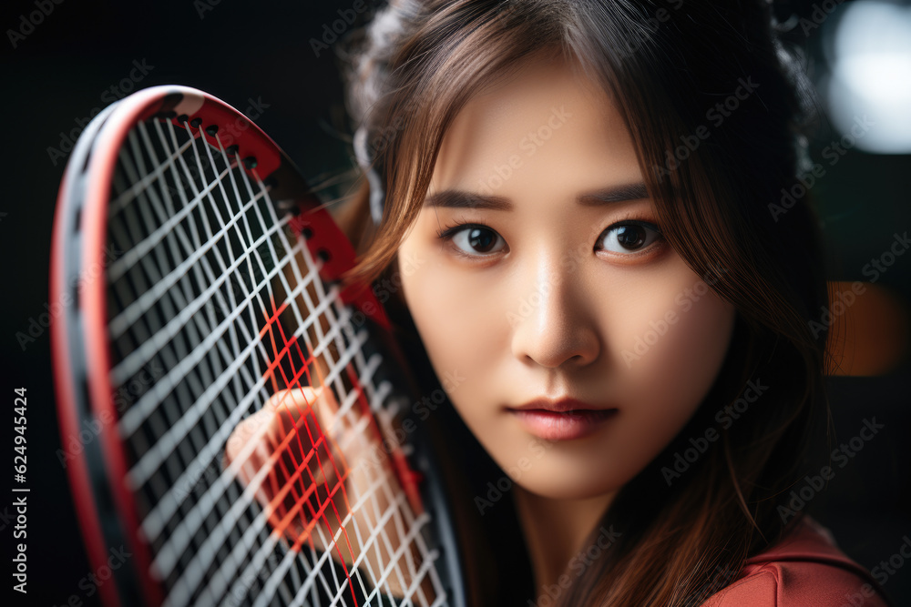 young Asian tennis player in a clean, wellgroomed look, holding her