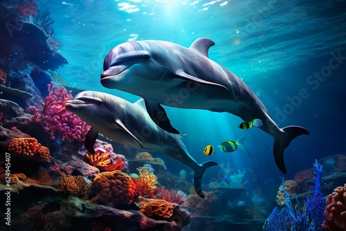 group of dolphins in colorful underwater   Generative AI © Kay