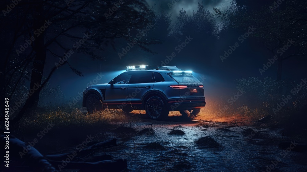 Obraz premium Car suv in forest at night. Created with Generative AI. 