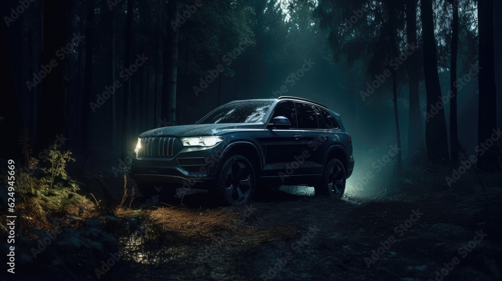 Car suv in forest at night. Created with Generative AI.	