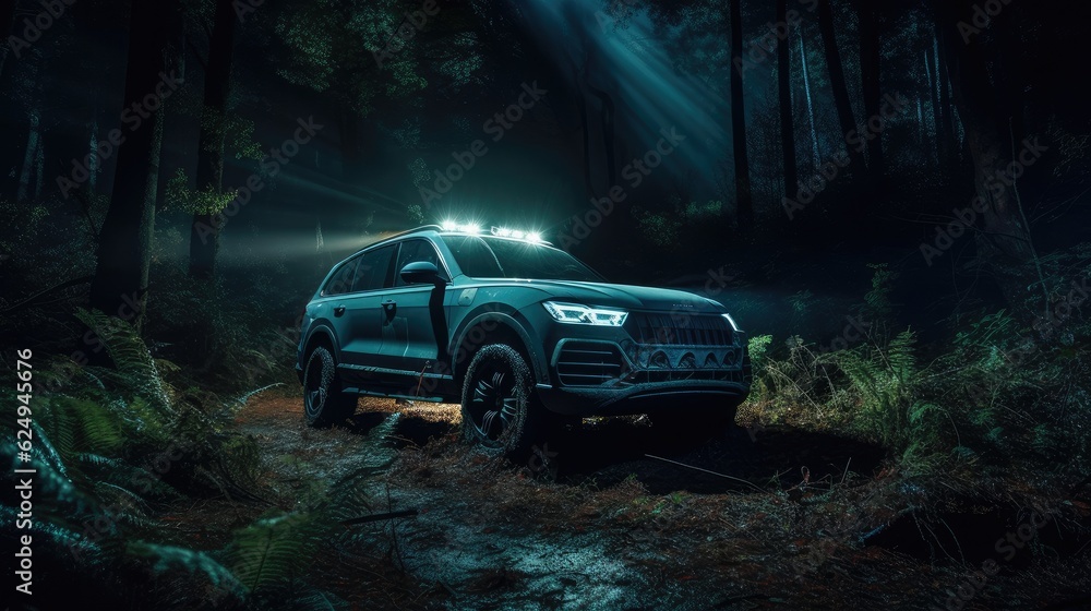 Car suv in forest at night. Created with Generative AI. Car suv in forest at night. Created with Generative AI.