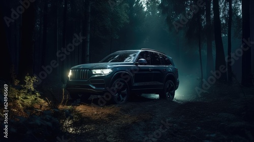 Car suv in forest at night. Created with Generative AI. 