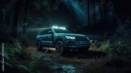 Car suv in forest at night. Created with Generative AI.  © lchumpitaz
