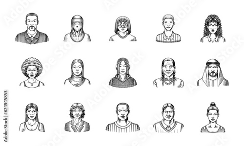 Human Avatars Collection. Diverse faces of people. Characters set. Happy emotions. Portrait for social media, website. Men and women, grandparents and girls. Hand drawn doodle sketch.