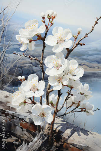 white plum blossoms growing in the corner of the wall. AI generative