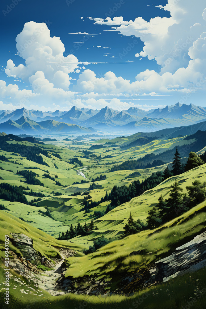 Obraz premium Green mountains, blue sky, few white clouds, high precision. AI generative