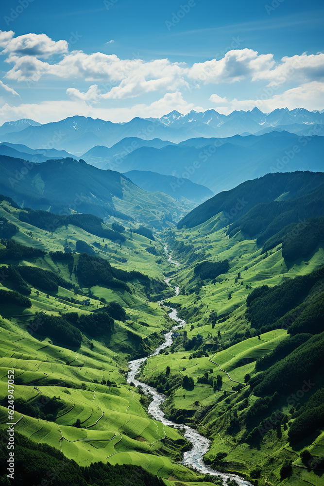 Naklejka premium Green mountains, blue sky, few white clouds, high precision. AI generative