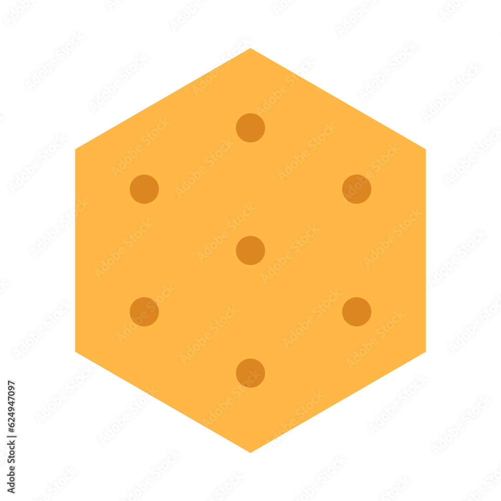 Crispy cheese cracker isolated on white background. Salted crunchy meal hexagon sign or logo flat design. Yellow baked dessert symbol with crumb. Healthy breakfast minimal cookie vector illustration. Crispy cheese cracker isolated on white background. Salted crunchy meal hexagon sign or logo flat design. Yellow baked dessert symbol with crumb. Healthy breakfast minimal cookie vector illustration.