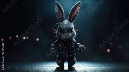 cute bunny in punk rock style with dark clothes. Created with Generative AI.