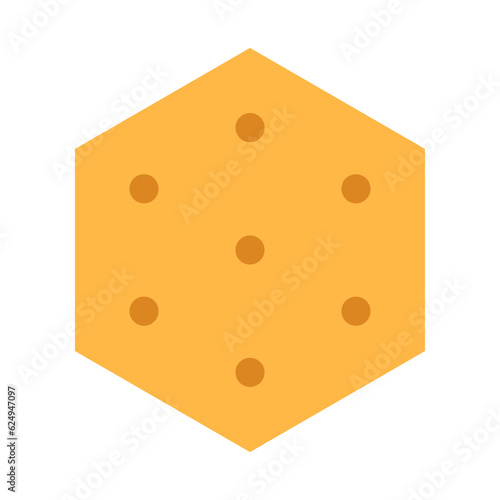 Crispy cheese cracker isolated on white background. Salted crunchy meal hexagon sign or logo flat design. Yellow baked dessert symbol with crumb. Healthy breakfast minimal cookie vector illustration.