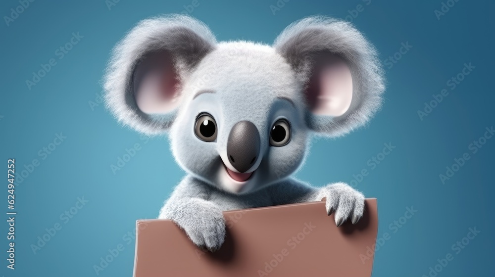 Cute happy cartoon koala holding a blank sign. Created with Generative AI. Cute happy cartoon koala holding a blank sign. Created with Generative AI.