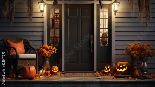 Halloween Decorations on the Front Door Porch at Night, Generative AI photo