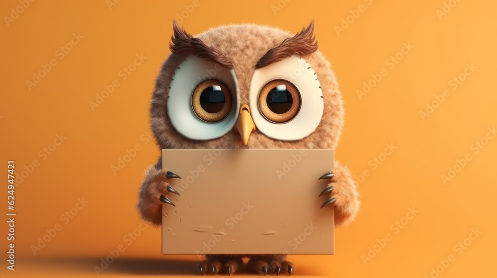 Cute happy owl cartoon holding a blank sign. Created with Generative AI. Cute happy owl cartoon holding a blank sign. Created with Generative AI.