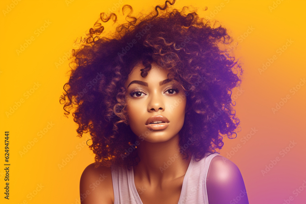 fashion portrait of african american girl, young black woman with curly blue hair. Hairstyle photo for advertising on cosmetic hair products and conditioner for natural frizzy afro hair. copy space