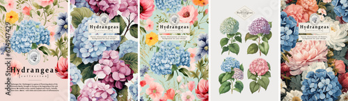 Print op canvas Hydrangeas, plants, leaves and flowers