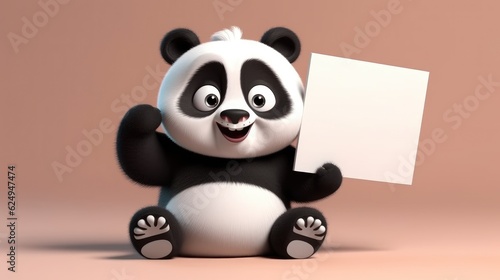 Cute happy cartoon panda holding a blank sign. Created with Generative AI.