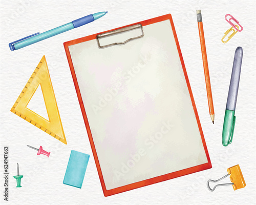 School and Office stationery, paper clipboard, pen, pencil, ruler, paper clip, pins, metal binder clips, watercolor vector set