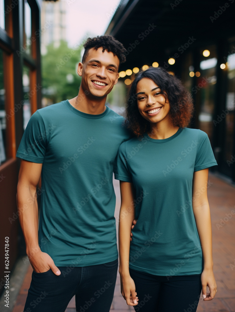 young couple, boy and girl, wearing blank dark cyan t-shirt, on urban background. Clothing with copy space for logos, inscription and advertising designs. Mockup of tee shirt on front. Blank template young couple, boy and girl, wearing blank dark cyan t-shirt, on urban background. Clothing with copy space for logos, inscription and advertising designs. Mockup of tee shirt on front. Blank template