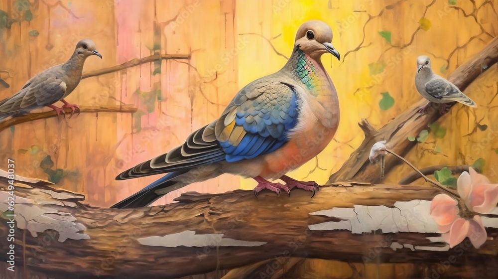 Fototapeta premium Peyhnjno: A Unique Collage Painting Of Four Birds In The Style Of Fintan Magee