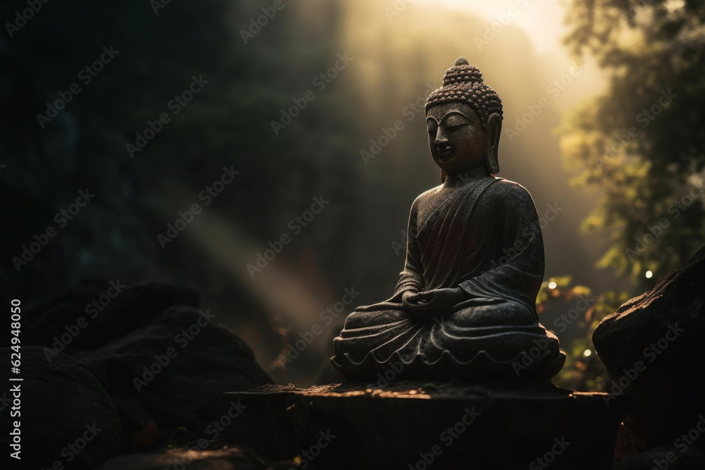 Statue of Buddha in morning a forest. Zen spiritual ritual meditating white face of brown Buddha, green background. Spiritual calmness and awakening. Religion concept, esoterics. Generative AI.