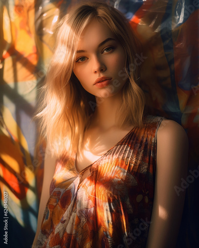 portrait of an alluring girl with deep sensual eyes and straight blond hair, looking at camera. Studio photo for advertisement on teenage model. Light fashionable makeup. Posing in half-light. fashion