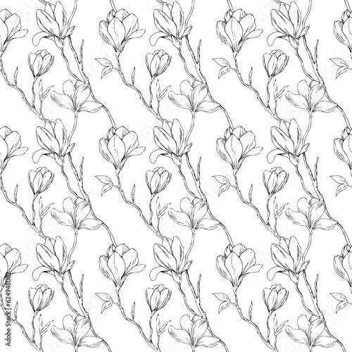 Magnolia flowers. Outline drawing of a hand. Seamless monochrome pattern © Tatyana Sidorova
