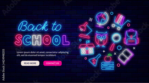 Back to school neon promotion template. Circle layout with icons. Sale or party invitation. Vector stock illustration