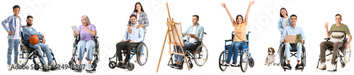 Φωτογραφία Set of different people in wheelchairs on white background