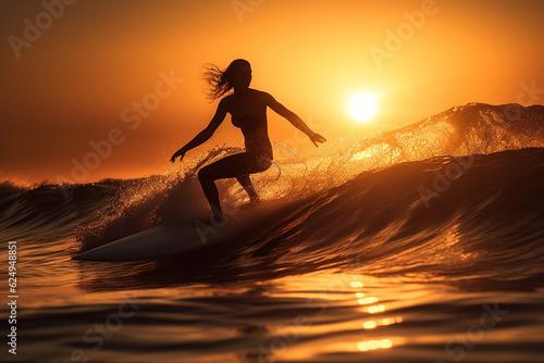 Horisontal photo, silhouette of single female woman surfer surfing waves on his surfboard during sunset or sunrise. People water sport lessons beach swimming activity on summer vacation. Generative AI © Valeriia