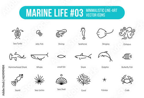 Print op canvas Marine Life Minimalist icons set Simple Line illustration - The collection inclu