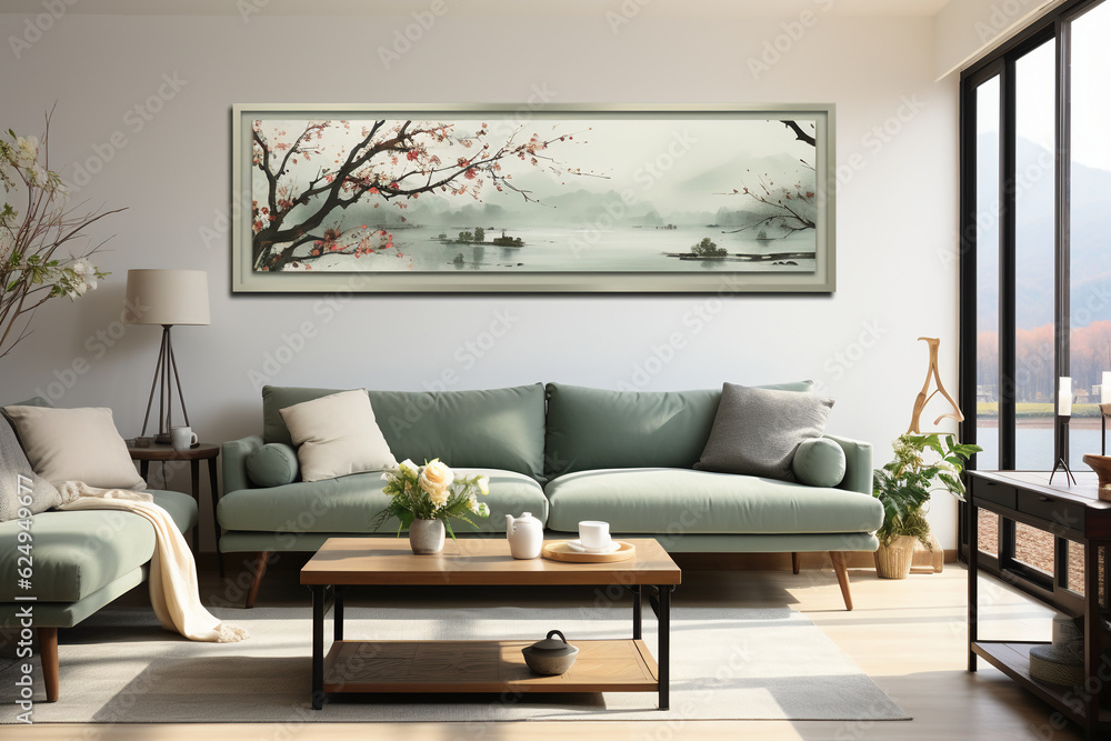 Riverside scenery, tender green weeping willows, slender leaves of weeping willows, grass, flowing river. AI generative Riverside scenery, tender green weeping willows, slender leaves of weeping willows, grass, flowing river. AI generative