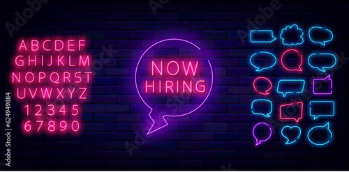 Now hiring neon label. Speech bubbles frames collection. Free vacancy. Luminous pink alphabet. Vector stock illustration