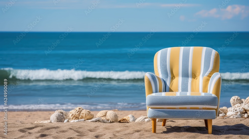 An empty armchair on the beach. AI generated