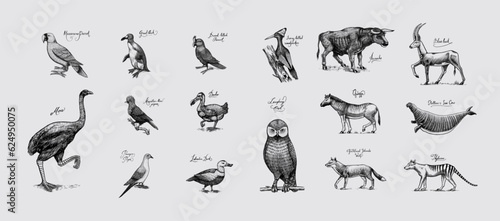 Extinct species. Wild mammal animals and birds. Dodo, Moa, Tasmanian wolf, Quagga. Aurochs. Blue antelope. Hand drawn vector engraved sketch. Graphic vintage style. 