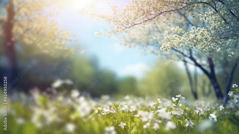 Flowering trees and a meadow of flowers in spring. AI generated