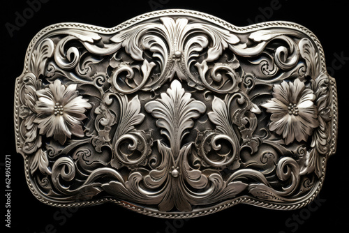 close up of metal cowboy belt buckle isolated on a black background photo