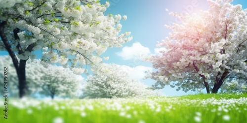Blooming trees in the spring landscape. AI generated